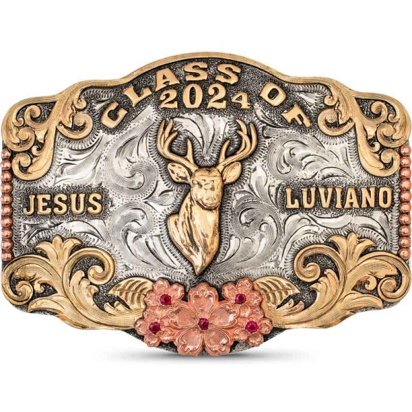 A custom class belt buckle for Crestview Cougars Class of 2024 featuring a golden bronze cow figure and copper flowers